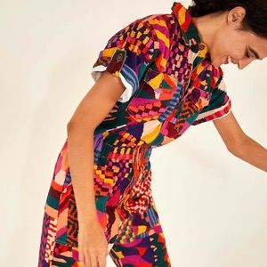gently used - FARM Rio Red Abstract Patches Canvas Jumpsuit - XL